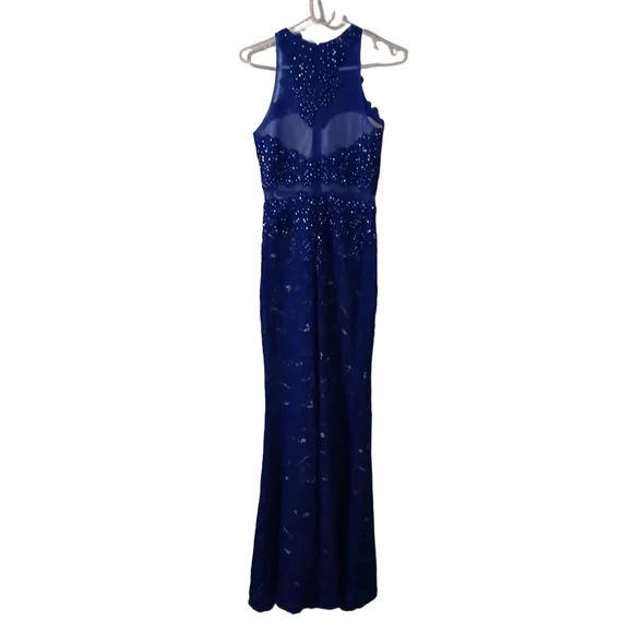 Anny Lee Blue Sequined Lace Wedding Prom Cocktail Evening Gown Dress Small - Picture 2 of 15